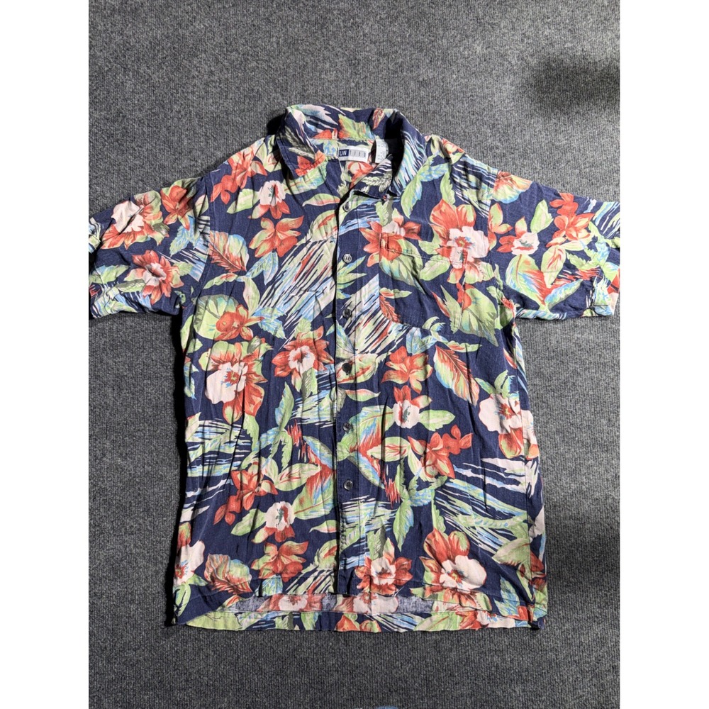 Untied Mens 100% Silk‎ Hawaiian Shirt Floral Tropical Short Sleeve Navy Blue M